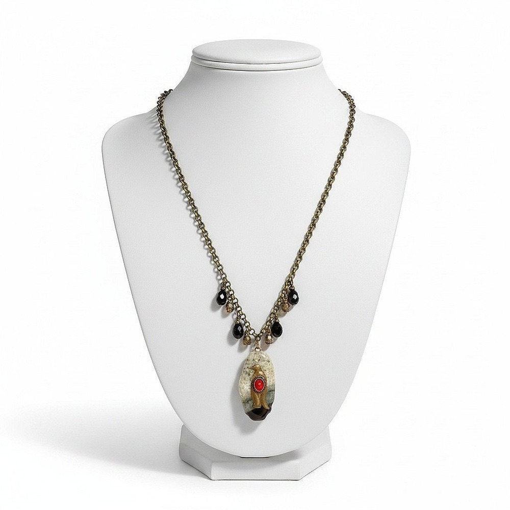 Vintage Penguin Agate Statement Necklace Brass Tone Beads Artisan Folk Nature